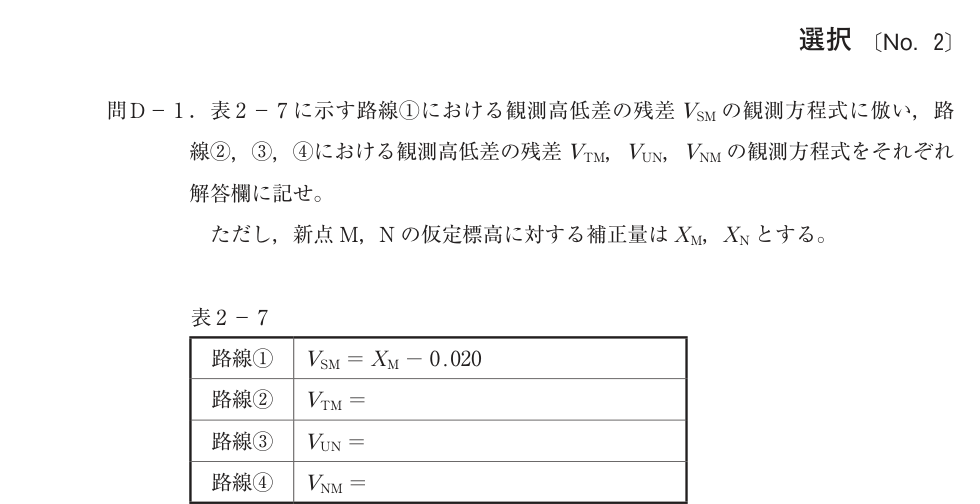 令和4年 測量士試験（午後） 問D-2　水準測量 の問題
