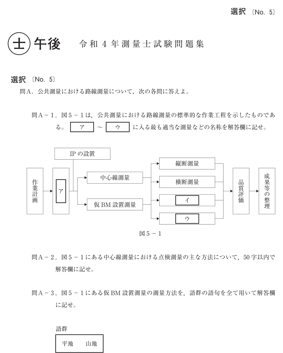 令和4年 測量士試験（午後） 問A-2　路線測量 の問題