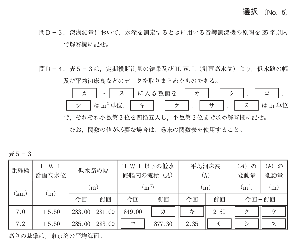 令和4年 測量士試験（午後） 問D-4　河川測量 の問題