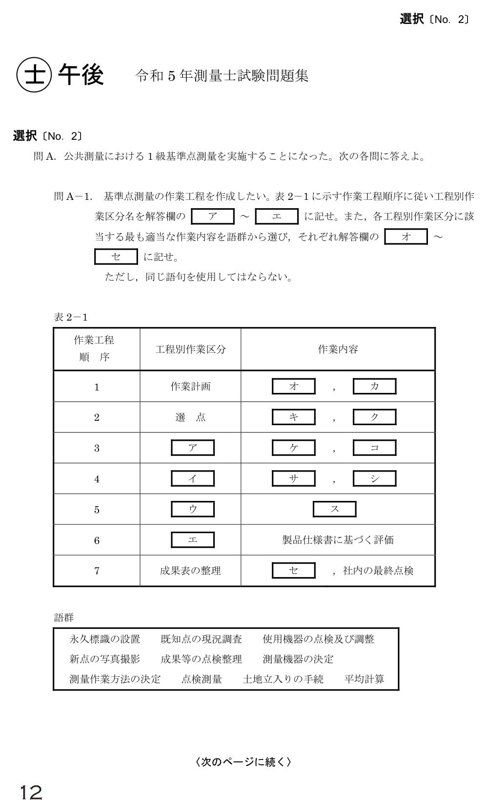 令和5年 測量士試験（午後） 問A-1　1級基準点測量の作業工程 の問題