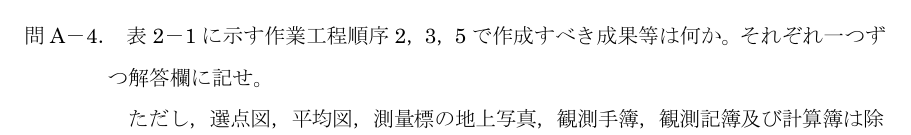 令和5年 測量士試験（午後） 問A-4　各工程で作成する成果 の問題