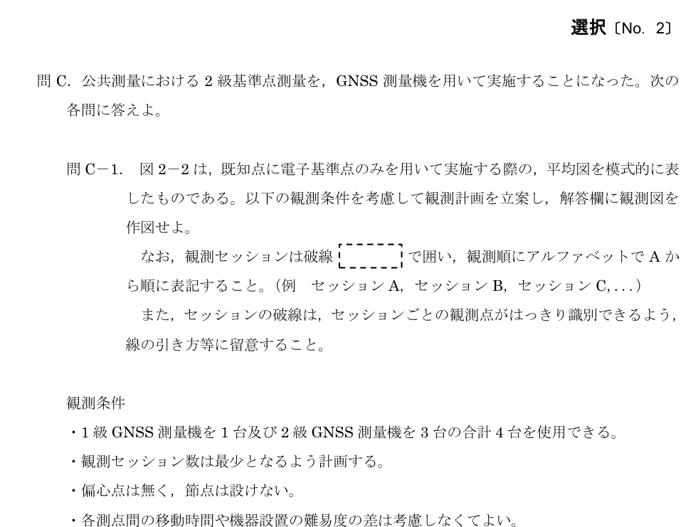 令和5年 測量士試験(午後) 問C-1 GNSS観測のセッション計画 の問題