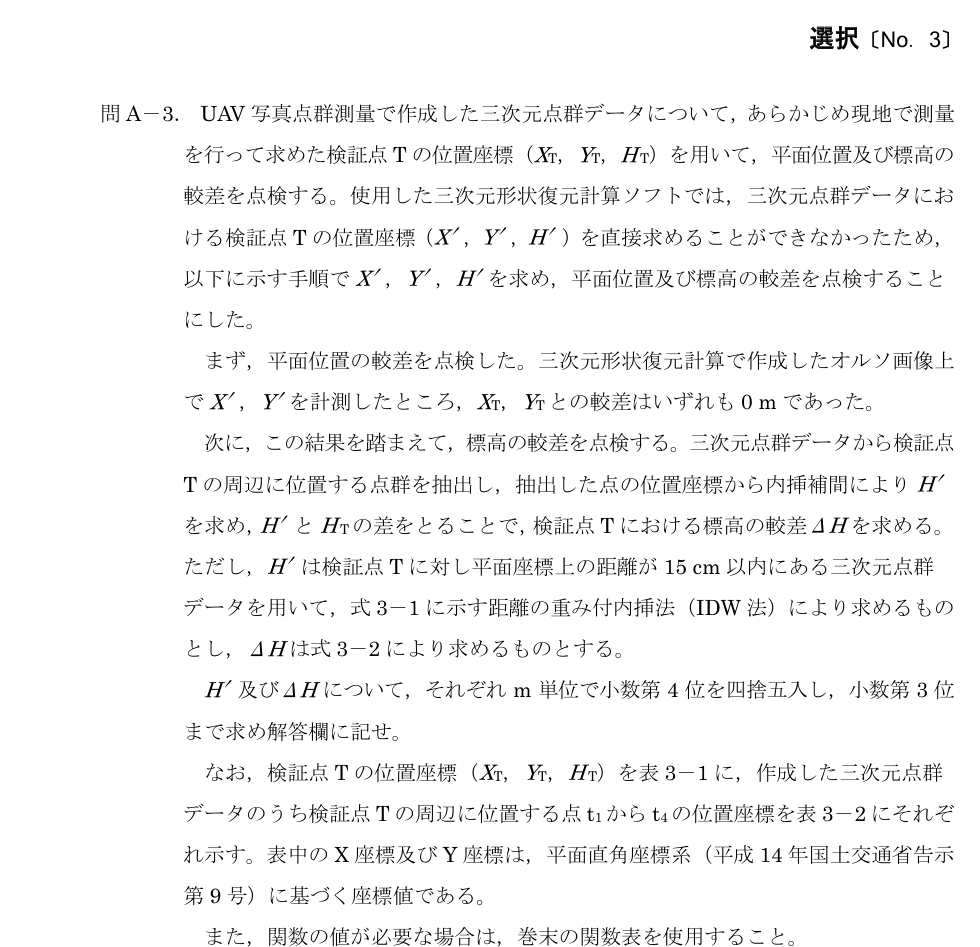 令和5年 測量士試験（午後） 問A-3　検証点周辺の標高補間 の問題