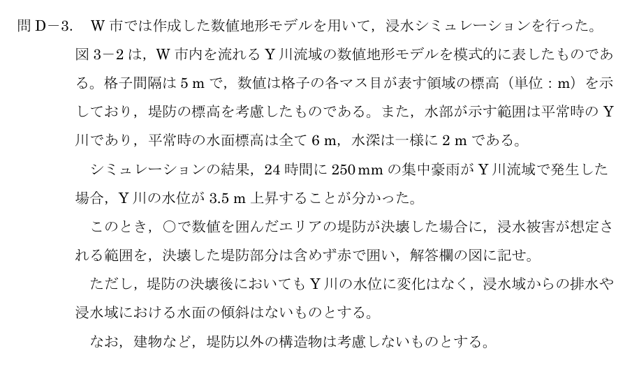 令和5年 測量士試験（午後） 問D-3　浸水範囲の判定 の問題