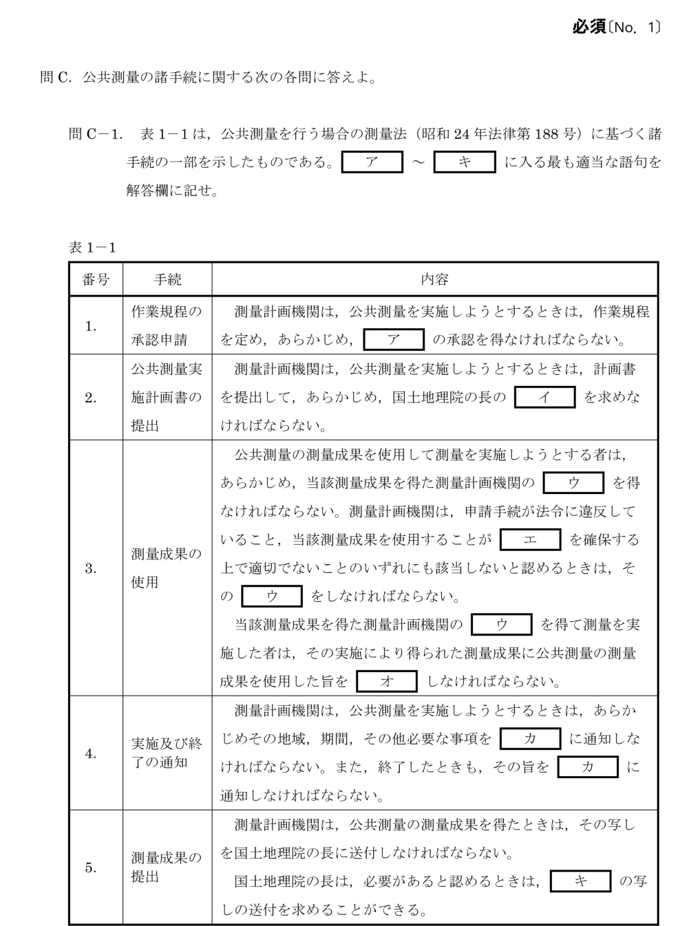 令和6年 測量士試験（午後） 問C-1　諸手続の流れ（表1-1の穴埋め） の問題