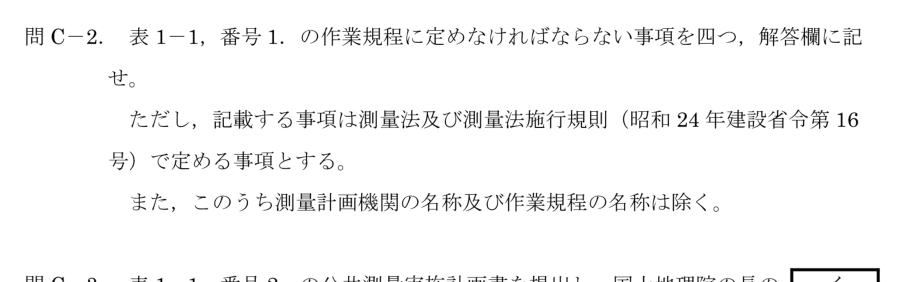 令和6年 測量士試験（午後） 問C-2　作業規程に定める事項（4つ） の問題