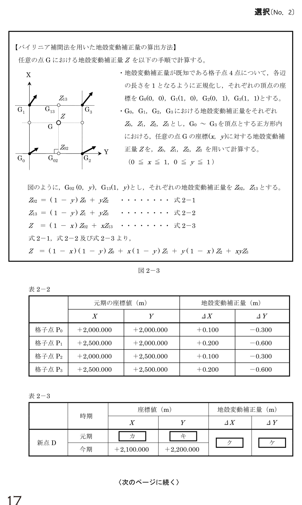 令和6年 測量士試験（午後） 問C-2　バイリニア補間で補正量を求める の問題