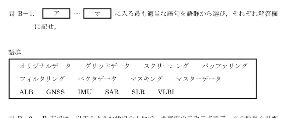 令和6年 測量士試験（午後） 問B-1　SLAM・LidarSLAM（穴埋め） の問題