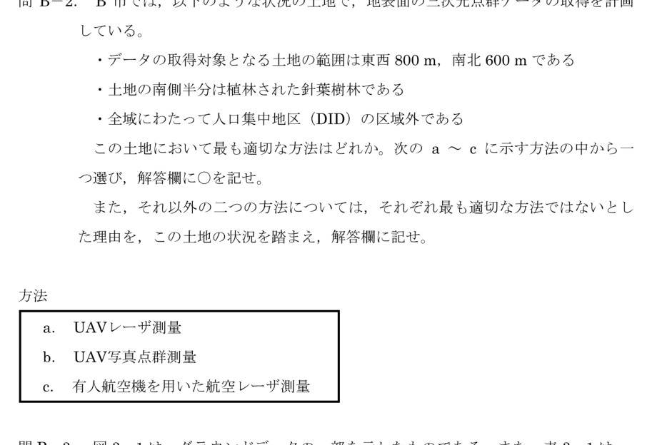 令和6年 測量士試験（午後） 問B-2　最適な測量方法の選択 の問題