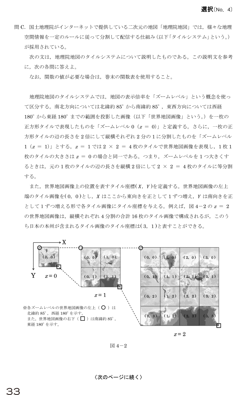 令和6年 測量士試験（午後） 問C-1　タイルシステムの数式（穴埋め） の問題