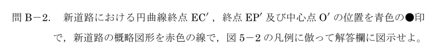 令和6年 測量士試験（午後） 問B-2　新道路の円曲線と各点の作図 の問題