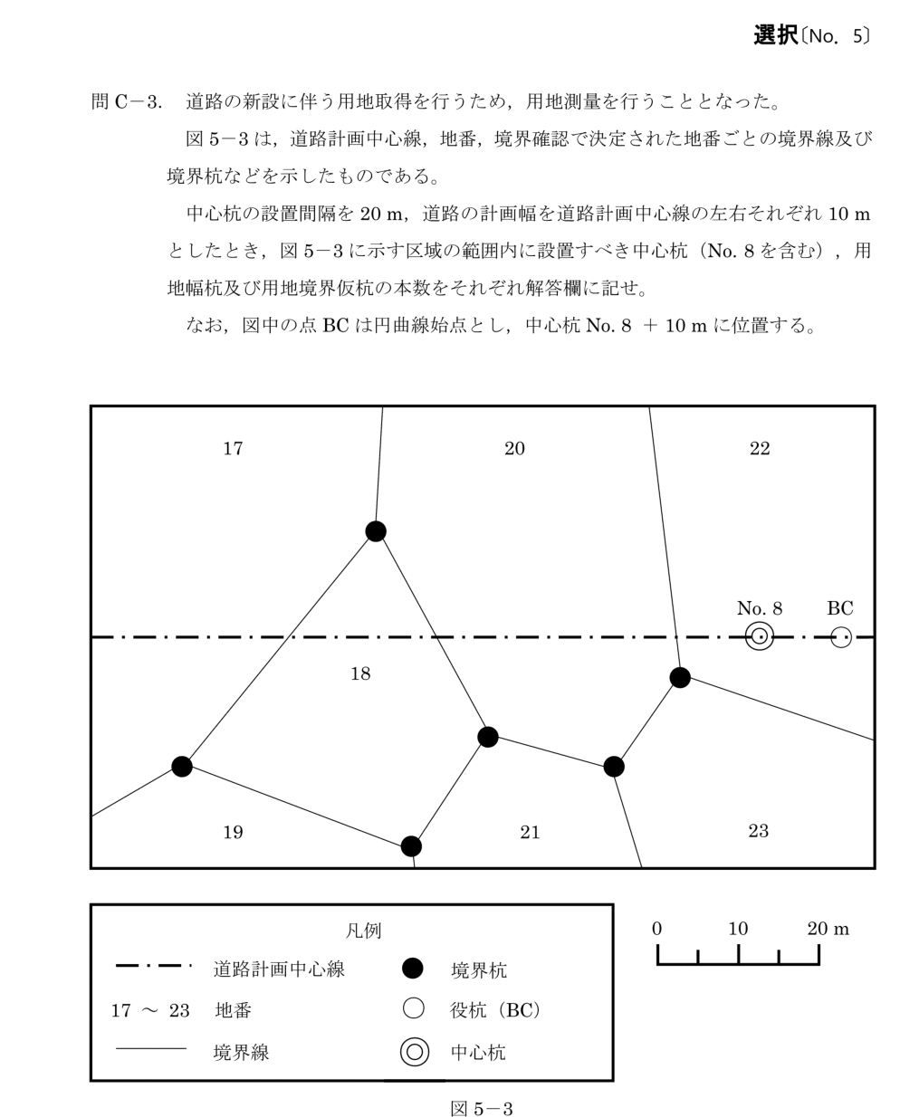 令和6年 測量士試験（午後） 問C-3　中心杭・用地幅杭・用地境界仮杭の本数 の問題