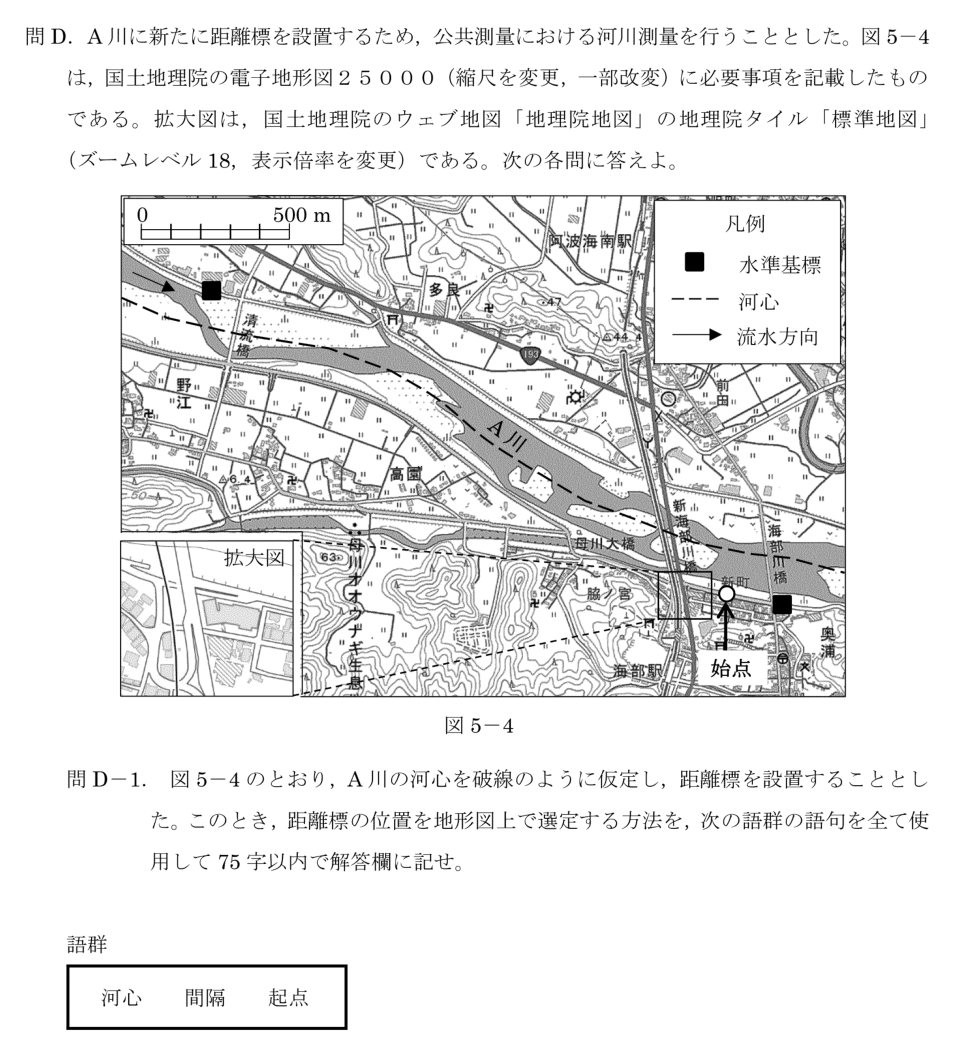 令和6年 測量士試験（午後） 問D-1　河川の距離標位置を選ぶ方法 の問題