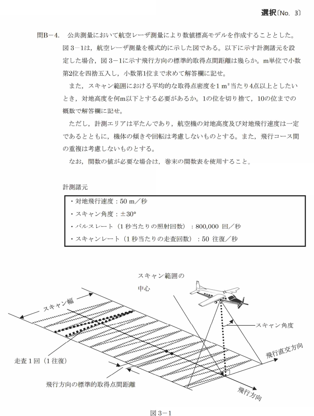 令和7年 測量士試験（午後） 問B-4　航空レーザの点間距離・対地高度 の問題