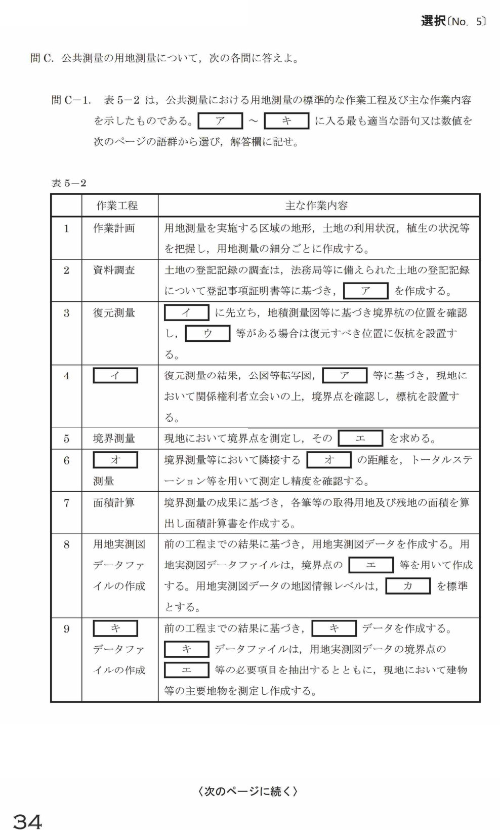 令和7年 測量士試験（午後） 問C-1　用地測量の工程（表5-2の穴埋め） の問題