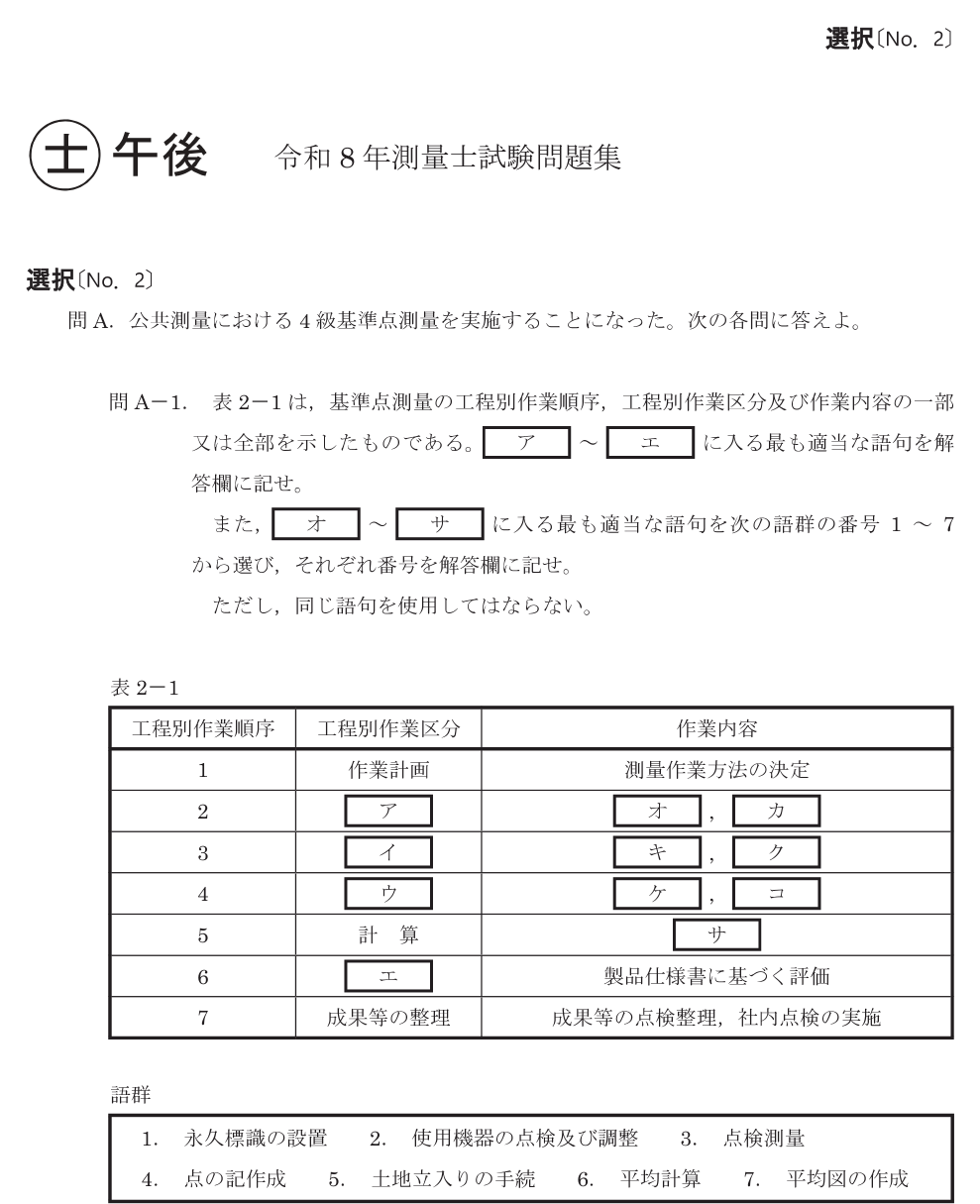 令和8年 測量士試験（午後） 問A-1　基準点測量の工程（穴埋め） の問題