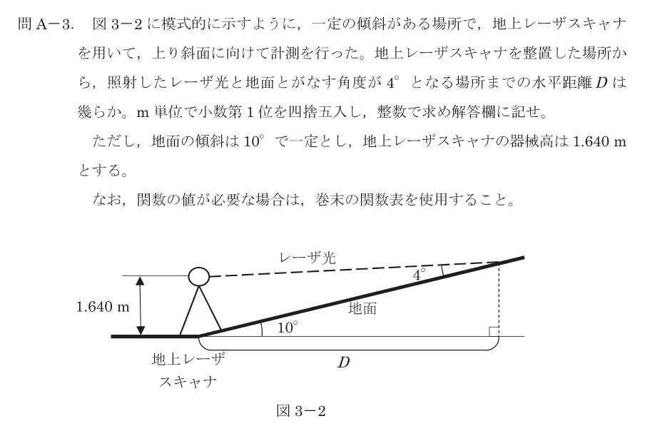 令和8年 測量士試験（午後） 問A-3　斜面までの水平距離D の問題