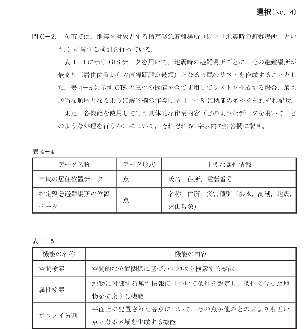 令和8年 測量士試験（午後） 問C-2　避難場所の解析手順（表4-4） の問題